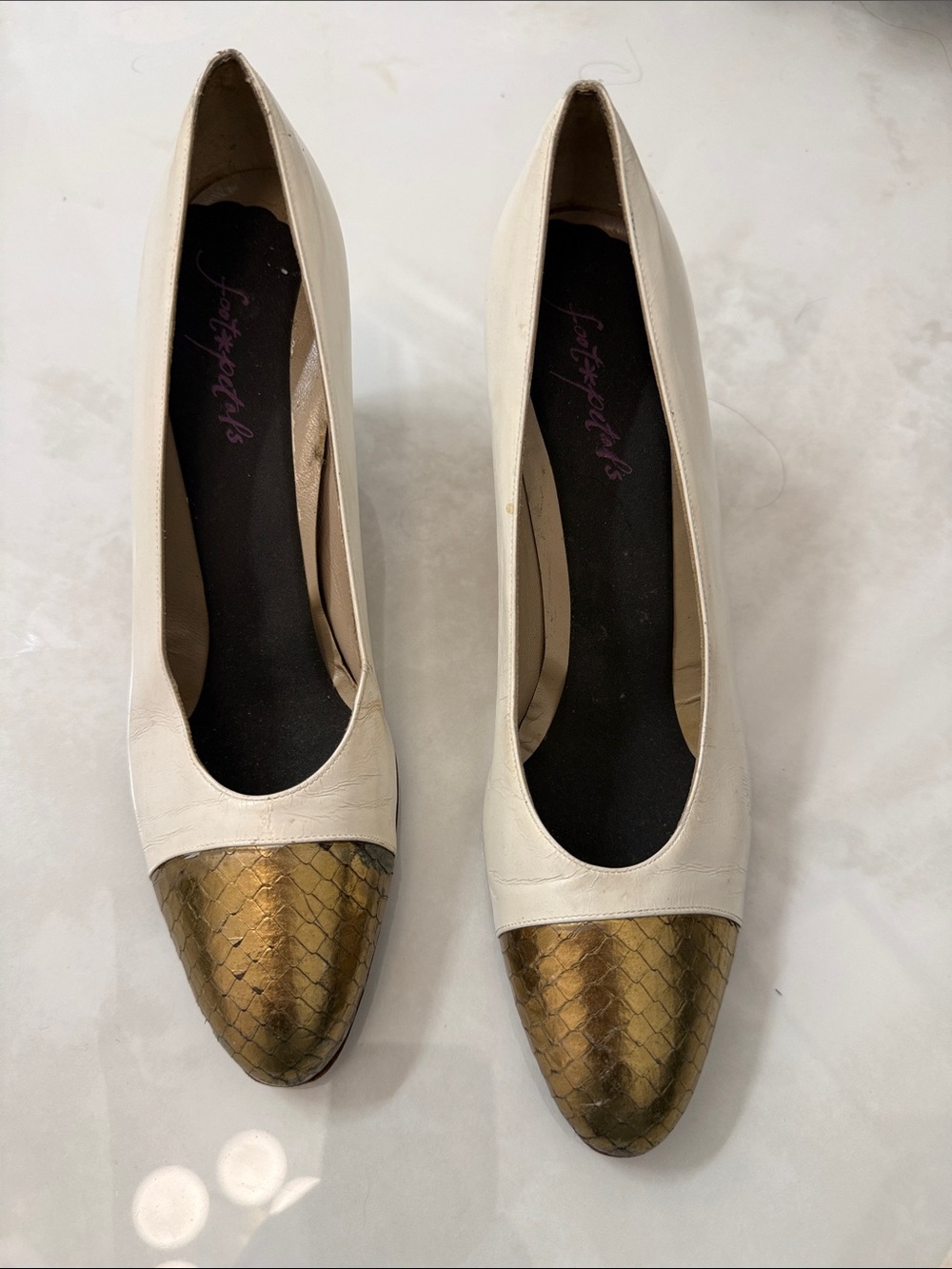 Vintage Ferragamo White and Gold Pointed Toe Women's Flats, AA 7.5